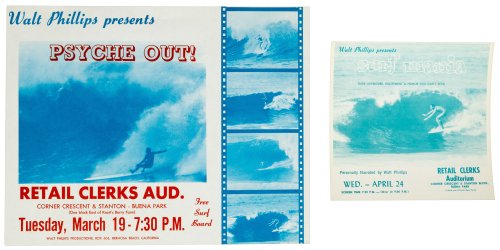 2 super rare Walt Phillips surf film flyers/posters: 'PSYCHE OUT!' and 'SURF MANIA