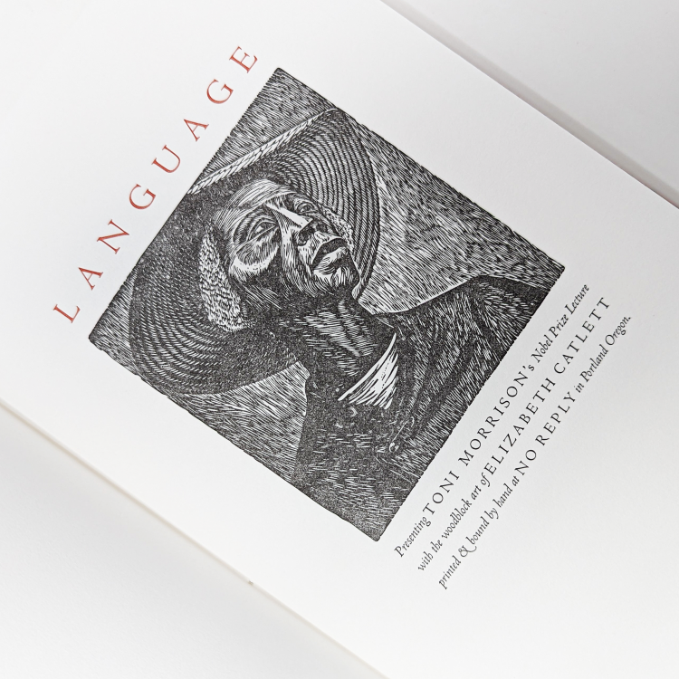 LANGUAGE - The limited NO REPLY PRESS edition of Morrison's Nobel Lecture, with woodblocks by Elizabeth Catlett