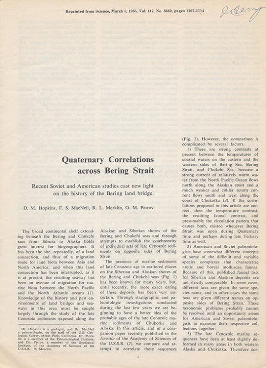 Quaternary Correlations Across Bering Strait (Offprint, Science, March 5, 1965)