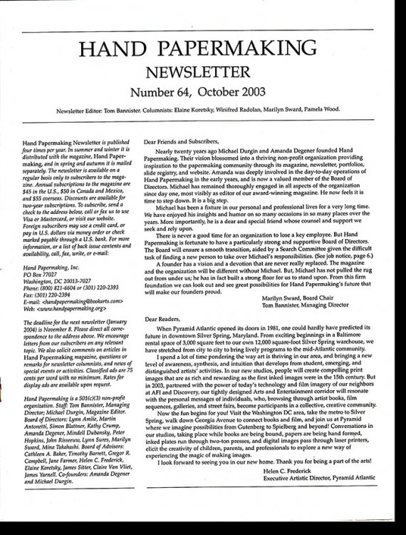 Hand Papermaking Newsletter (Number 64, October 2003)