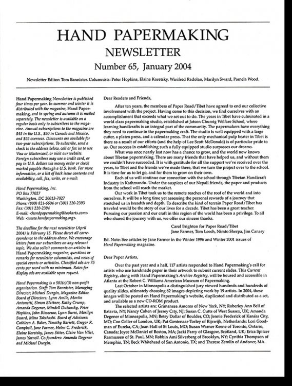 Hand Papermaking Newsletter (Number 65, January 2004)