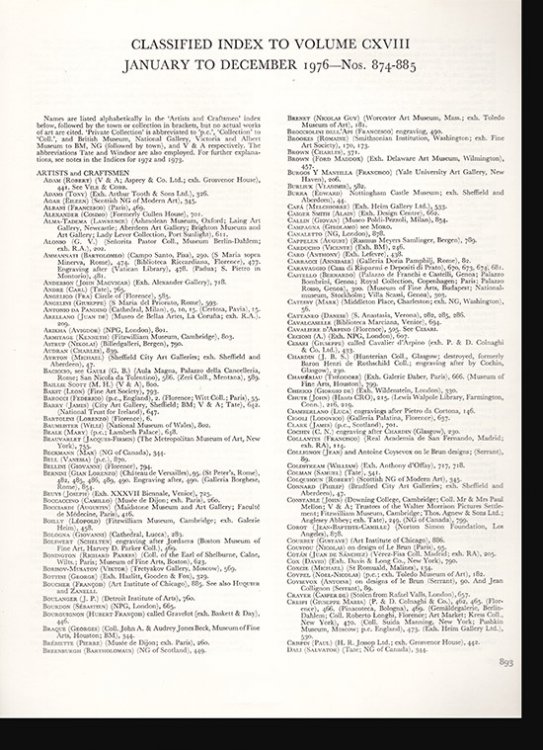 The Burlington Magazine Index, 1976 (Volume CXVIII, Numbers 874-885)