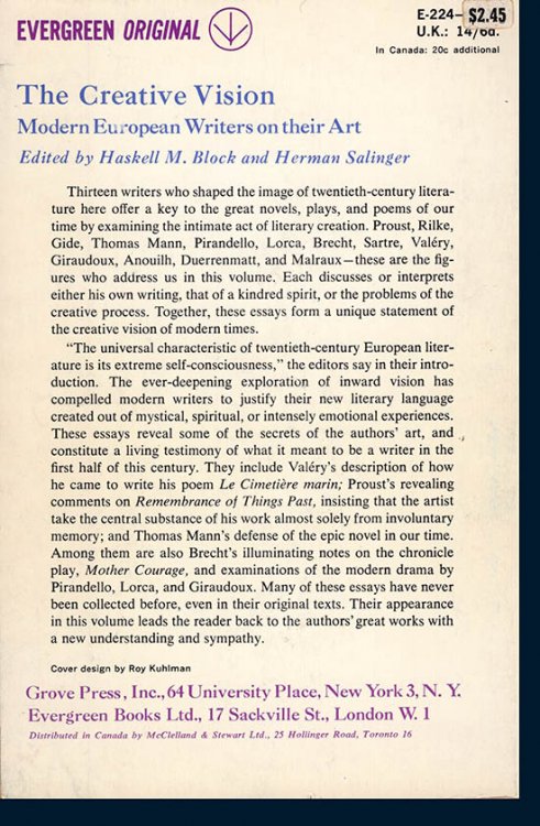 The Creative Vision; Modern European Writers on Their Art