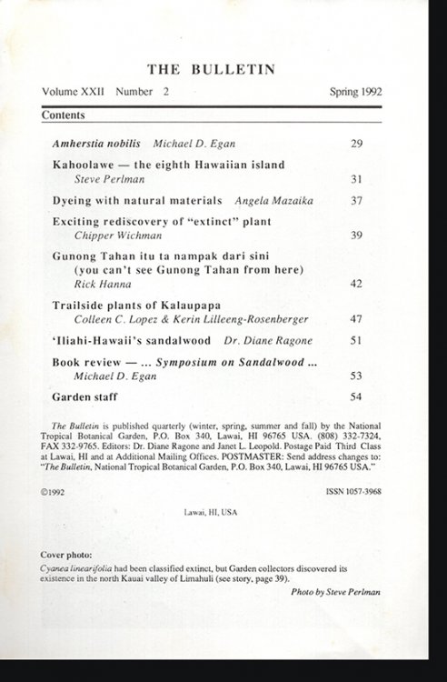 National Tropical Botanical Gardens: The Bulletin (Vol XXII, No. 2, Spring 1992)