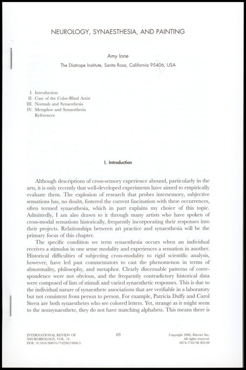 Neurology, Synesthesia, and Painting (The Neurobiology of Painting, Volume 74: International Review of Neurobiology)