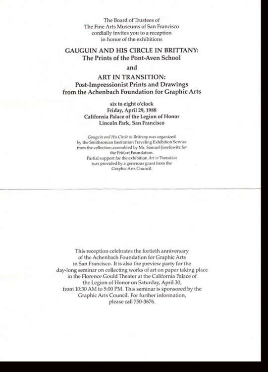 Invitation: Achenbach Foundation for the Graphic Arts Reception for Gauguin and His Circle in Brittany, The prints of the Pont-Aven School and Art in Transition: Post-Impressionist Prints and Drawings from the Achenbach Foundation for the Graphic Arts