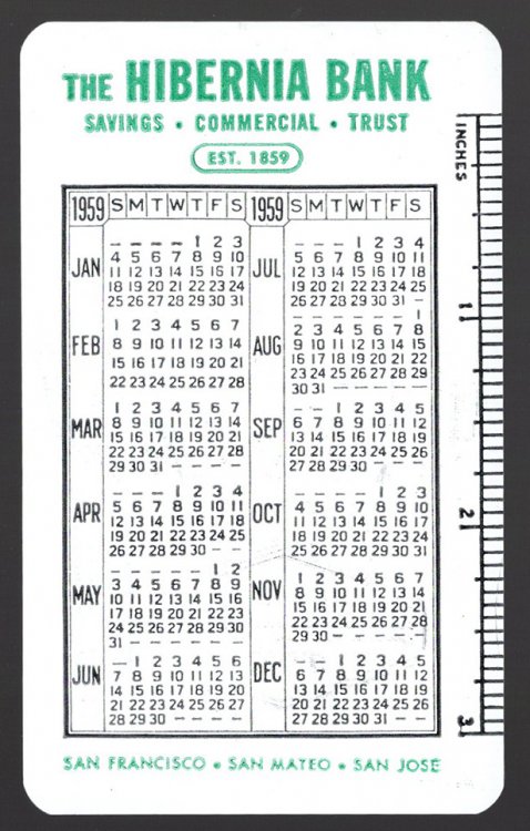 Hibernia Bank Plastic Pocket Calendar with Ruler (1959)