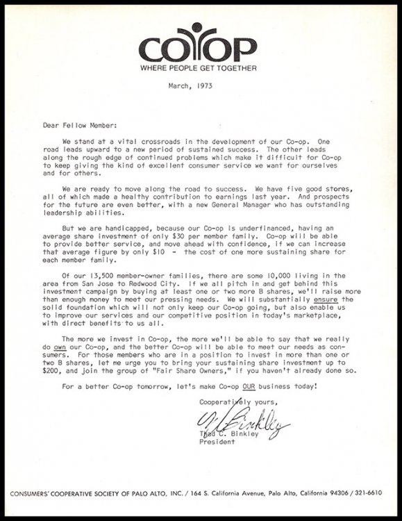 Consumers' Cooperative Society of Palo Alto Fundraising Items (Letter, Donation Card, FAQ Sheet)