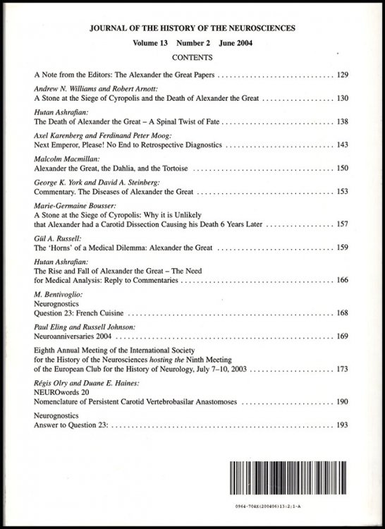 Journal of the History of the Neurosciences (Vol 13, No. 2, June 2004)
