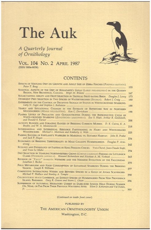 The Auk (Vol. 104, No 2, April 1987)