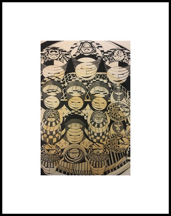 Faces (Drawing on Painted Paper by Amy Ione, Framed)