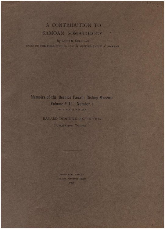 A Contribution to Tongan Somatology: Based on the Field studies of E.W. Gifford and M.C. McKern (Volume VIII, No. 2)