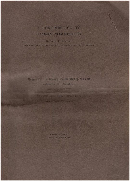 A Contribution to Tongan Somatology: Based on the Field studies of E.W. Gifford and M.C. McKern (Volume VIII, No. 4)