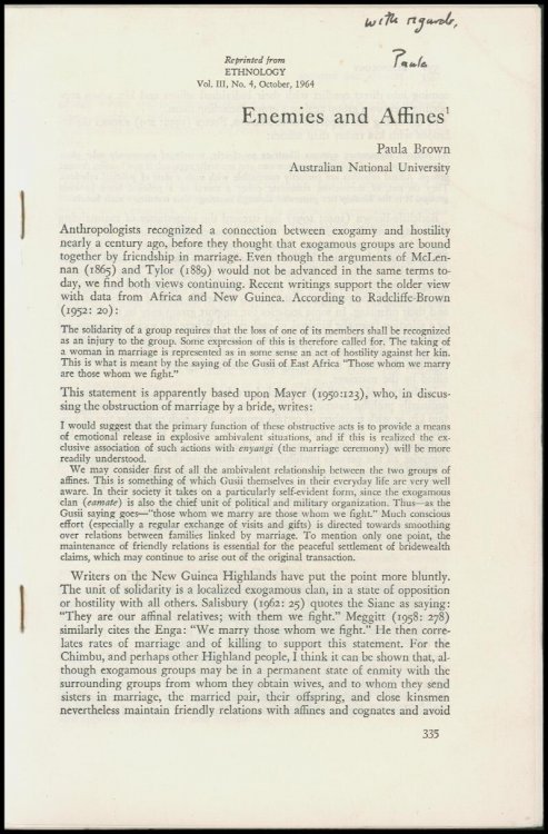 Offprint: Enemies and Affines (Ethnology, Vol III, No 4, October 1964)