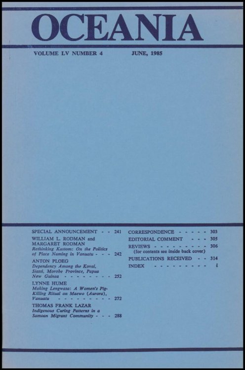 Oceania Journal (Volume LV, No 4, June 1985)