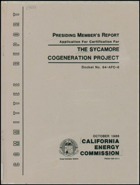 Presiding Members Report: Application for Certification for The Sycamore Cogeneration Project: (Docket 84-AFC-6 October 1986)