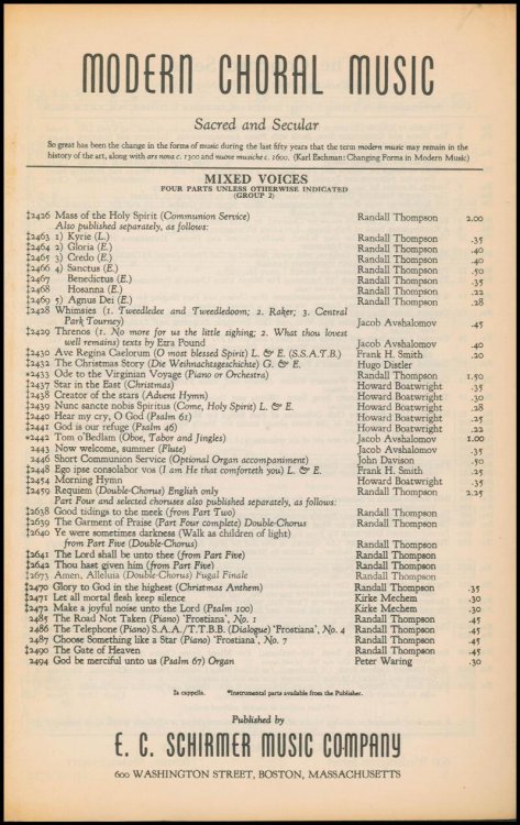 Modern Choral Music: Sacred and Secular (To Iva Dee Hiatt, Elegy)