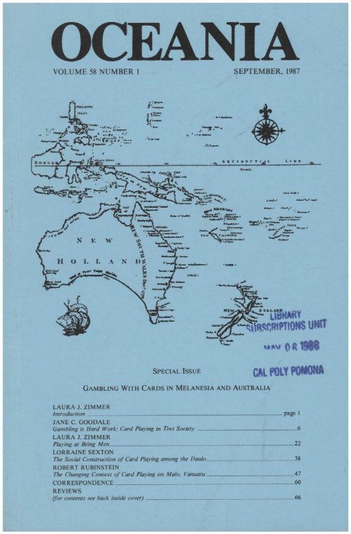Oceania Journal: Special issue on Gambling with Cards in Melanesia and Australia (September 1987, Volume 58, Number 1)