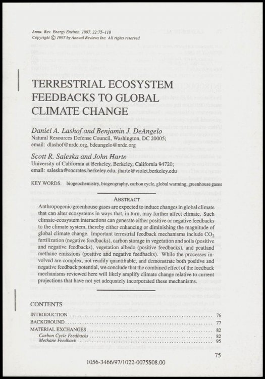 Offprint: Terrestrial Ecosystem Feedbacks to Global Climate Change