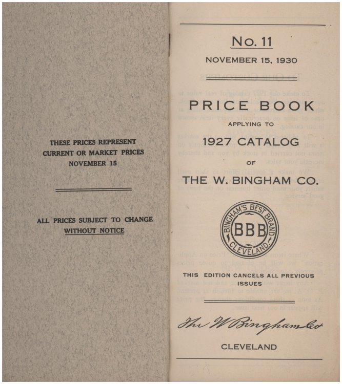 Price Book No. 11: Price Book Applying to 1927 Catalog of The W. Bingham Co. (November 15, 1930)
