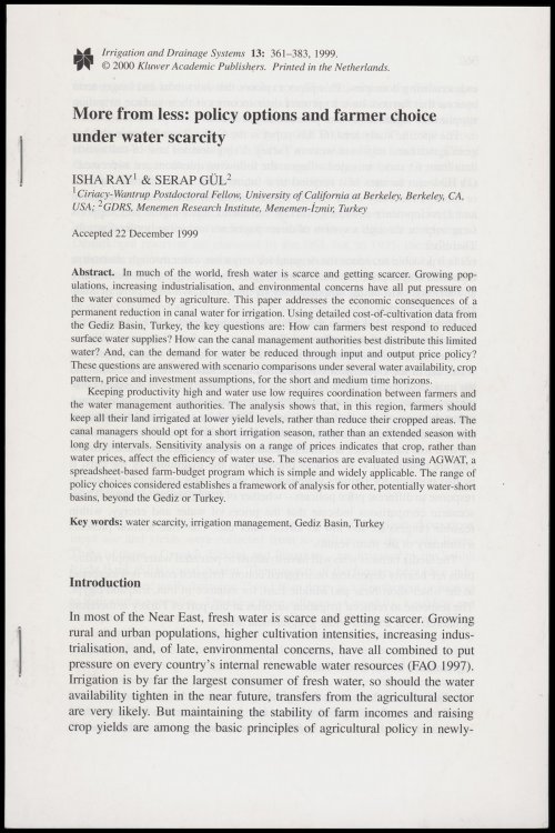 Offprint: More From Less: Policy Options and Farmer Choice Under Water Scarcity (Irrigation and Drainage Sytems 13)