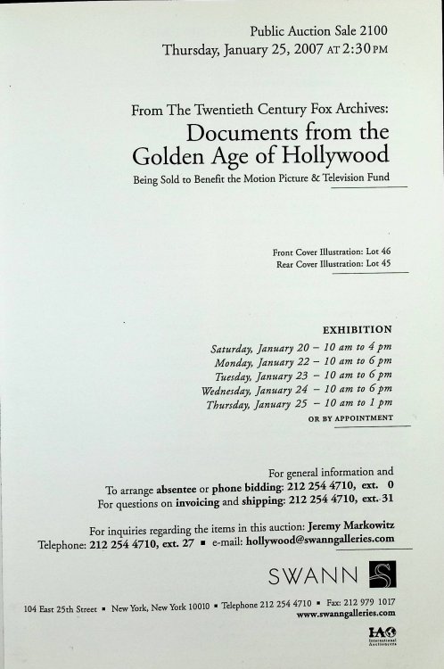 Documents from the Golden Age of Hollywood from the Twentieth Century Fox Archives-Being Sold to the Benefit of the Motion Picture & Television Fund-Swann Galleries, New York City-January 25, 2007