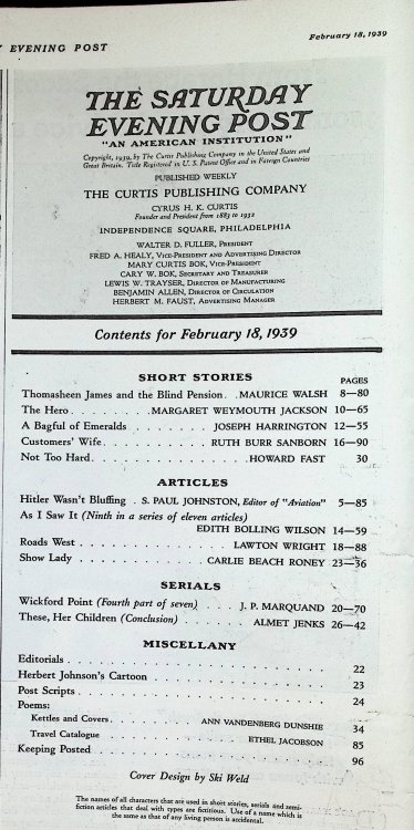 The Saturday Evening Post, February 18, 1939, 'Hitler Wasn't Bluffing'