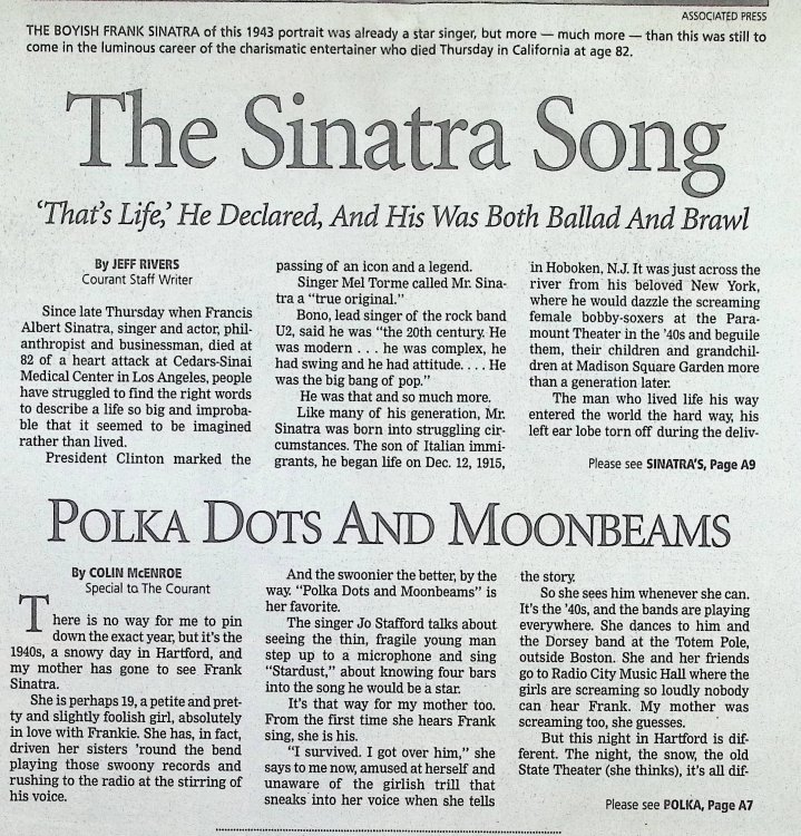 Frank Sinatra, Obituary, Hartford Courant, May 16, 1998