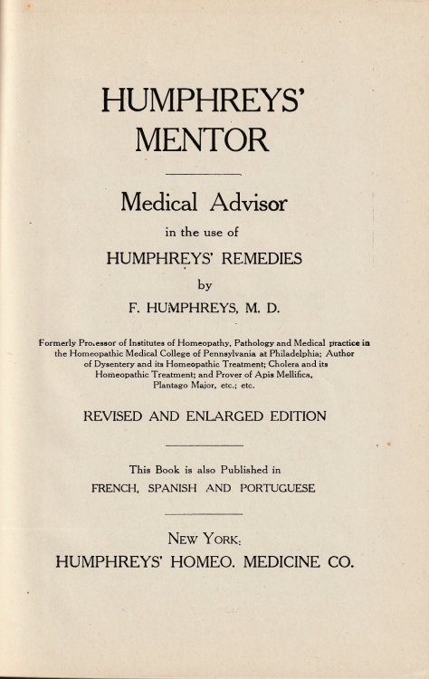 Humphreys' Mentor and Medical Advisor in the Use of Humphreys' Remedies