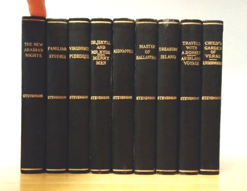 Lot of nine (9) volumes of Robert Louis Stevenson, some containing two titles: the Medallion Edition: The New Arabian Nights, Familiar Studies of Men and Books, Virginibus Puerisque, Strange Case of Dr. Jekyll and Mr. Hyde, The Merry Men and other Tales and Fables, Kidnapped, The Master of Ballantra