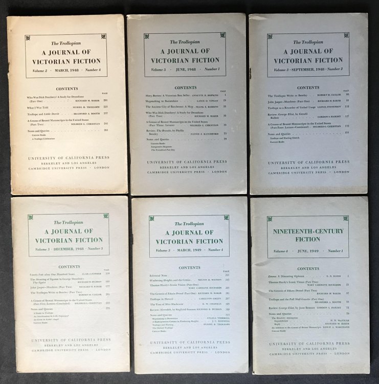 A lot of six (6) issues of The Trollopian: a journal of Victorian fiction: Volume 2, Number 4, March, 1948; Volume 3, Number 1, June, 1948; Volume 3, Number 2, September, 1948; Volume 3, Number 3, December, 1948; Volume 3, Number 4, March, 1949; Volume 4, Number 1, June, 1949
