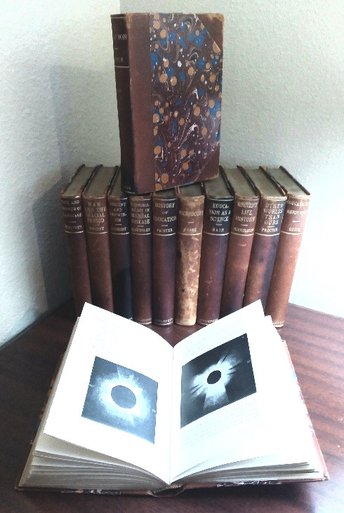 A dozen science volumes from D. Appleton & Co.: The Life and Growth of Language: an outline of linguistic science; The Doctrine of Descent and Darwinism; Evolution: its nature, its evidences, and its relation to religious thought; The Ancient Life History of the Earth; Other Worlds Than Ours; Essays