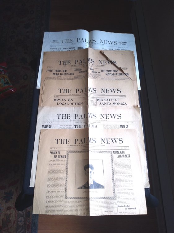 A lot of five (5) issues of The Palms News, Palms, California: December 12, 1906; June 11, 1910; June 25, 1910; December 29, 1911; December 15, 1911