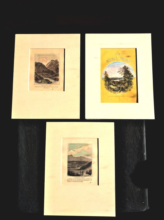 Three hand-tinted printed, framed in matte-board, from The Great West, circa 1850s