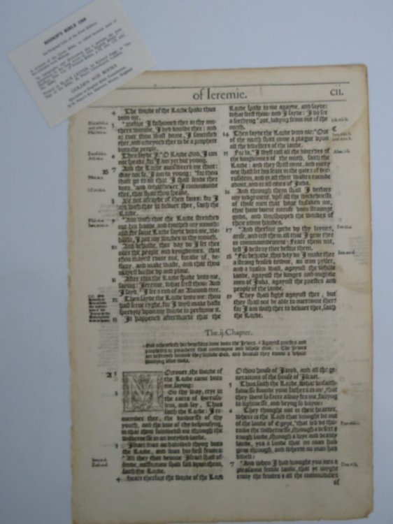 BISHOP'S BIBLE LEAF - THE PROPHECIE OF LEREMIE - FROM THE ORIGINAL FOLIO OF THE FIRST EDITION 1568