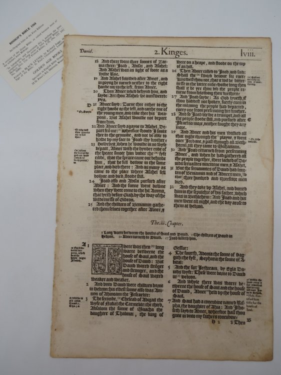 BISHOP'S BIBLE LEAF - KINGES - FROM THE ORIGINAL FOLIO OF THE FIRST EDITION 1568