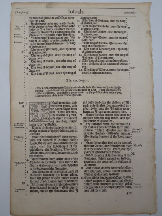 BISHOP'S BIBLE LEAF - IOSUAH - FROM THE ORIGINAL FOLIO OF THE FIRST EDITION 1568