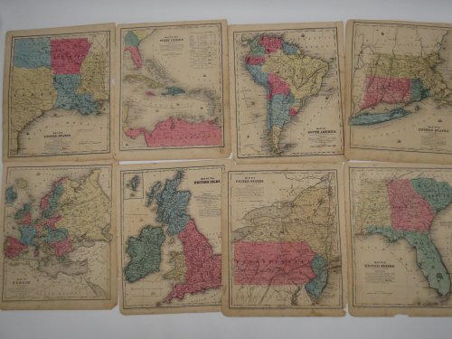 8 HAND-COLORED ATLAS MAPS 1847-1853 CADY & BURGESS - UNITED STATES, SOUTH AMERICA, EUROPE, BRITISH ISLES