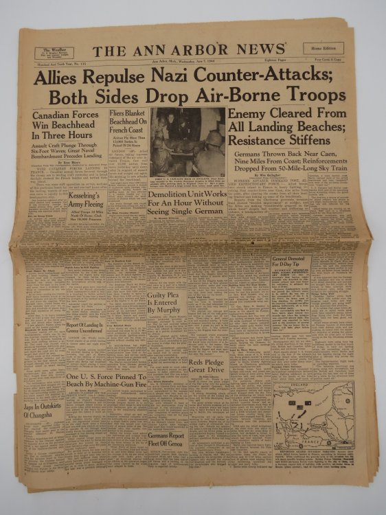 THE ANN ARBOR NEWS, JUNE 7, 1944 (ALLIES REPULSE NAZI COUNTER-ATTACKS; BOTH SIDES DROP AIR-BORNE TROOPS