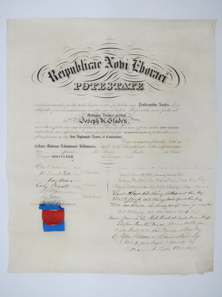 1872 DIPLOMA REPUBLIC NEW YORK CIVIL WAR UNION ARMY OFFICER JOSEPH A SLADEN