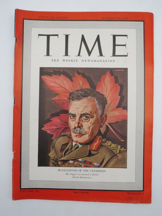 TIME MAGAZINE AUGUST 10, 1942 (MCNAUGHTON OF THE CANADIANS COVER)