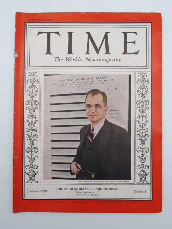 TIME MAGAZINE JANUARY 31, 1938 (THE UNDER SECRETARY OF TREASURY COVER)