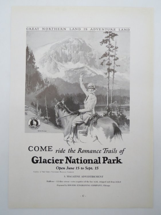 VINTAGE GLACIER NATIONAL PARK NORTHERN RAILWAY AD PRINT