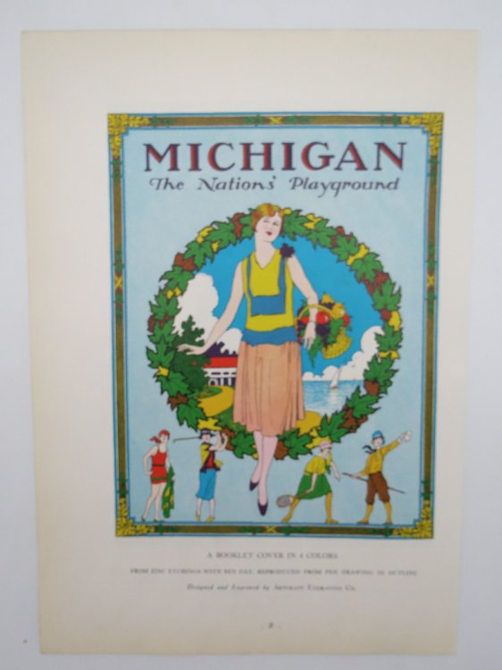 VINTAGE ART DECO MICHIGAN NATION'S PLAYGROUND WOMEN SPORTS COLOR PRINT