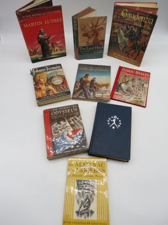 COLLECTION OF 9 VINTAGE BOOKS ILLUSTRATED BY LYND WARD The Last Hunt; an Almanac for Moderns; the Story of Odysseus; Johnny Tremain; a Book of Hours; Martin Luther; Gaudenzia; Endless Line of Splendor; Public Health in America