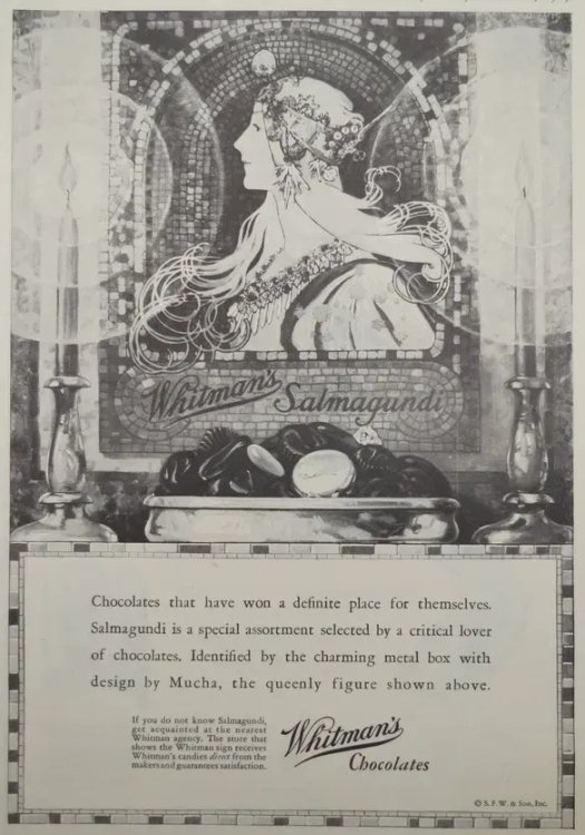 WHITMAN'S CHOCOLATES 1929 SALMAGUNDI ALPHONSE MUCHA PRINT AD ART NOUVEAU