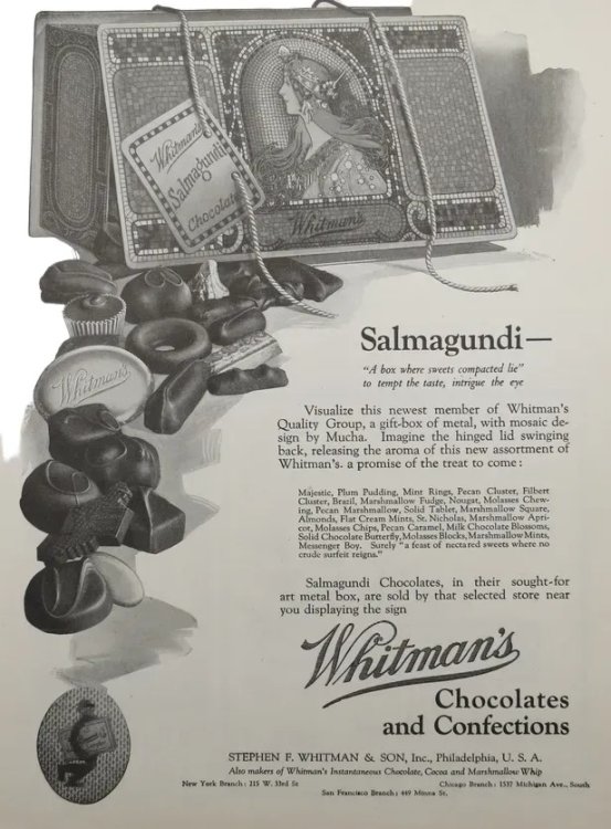 WHITMAN'S CHOCOLATES C. 1922 SALMAGUNDI ALPHONSE MUCHA PRINT AD ART NOUVEAU