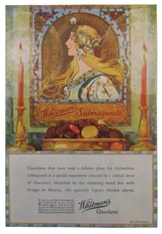 WHITMAN'S CHOCOLATES 1929 SALMAGUNDI ALPHONSE MUCHA COLOR PRINT AD ART NOUVEAU