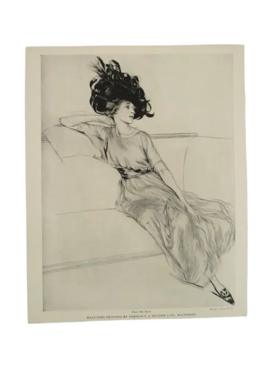 ANTIQUE 1914 ETIENNE DRIAN LADY ON A CHAIR PRINT