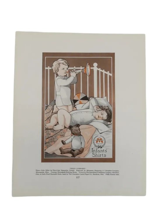 ANTIQUE 1914 TODDLIERS BABIES TEDDY BEAR IN CRIB PRINT